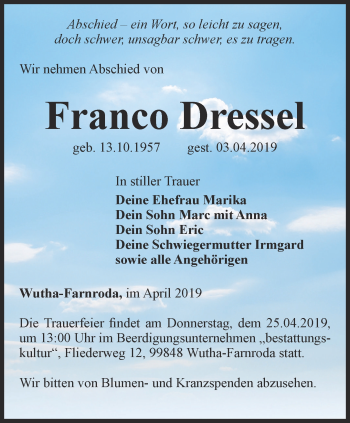 Traueranzeige von Franco Dressel von Thüringer Allgemeine, Thüringische Landeszeitung