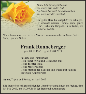 Traueranzeige von Frank Ronneberger von Ostthüringer Zeitung