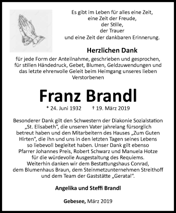 Traueranzeige von Franz Brandl von Thüringer Allgemeine, Thüringische Landeszeitung