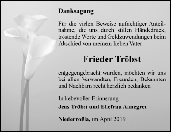 Traueranzeige von Frieder Tröbst von Thüringer Allgemeine, Thüringische Landeszeitung