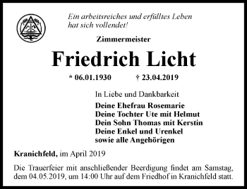 Traueranzeige von Friedrich Licht von Thüringer Allgemeine, Thüringische Landeszeitung