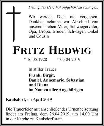 Traueranzeige von Fritz Hedwig von Ostthüringer Zeitung