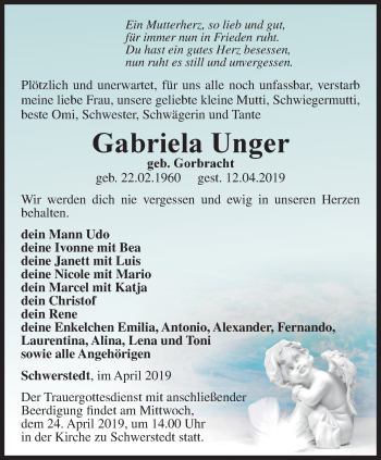 Traueranzeige von Gabriela Unger von Thüringer Allgemeine, Thüringische Landeszeitung