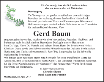 Traueranzeige von Gerd Baum von Ostthüringer Zeitung, Thüringische Landeszeitung