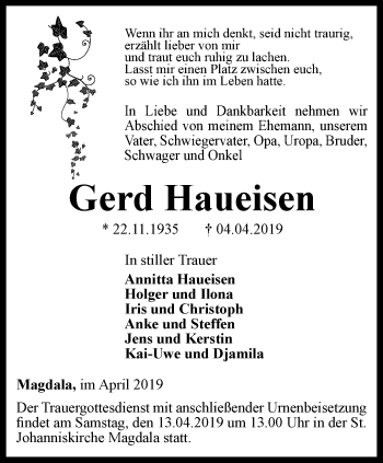 Traueranzeige von Gerd Haueisen von Ostthüringer Zeitung, Thüringische Landeszeitung
