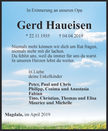 Traueranzeige von Gerd Haueisen von Ostthüringer Zeitung, Thüringische Landeszeitung