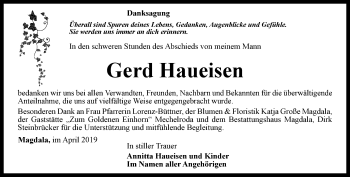 Traueranzeige von Gerd Haueisen von Ostthüringer Zeitung, Thüringische Landeszeitung