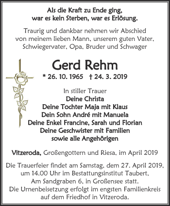 Traueranzeige von Gerd Rehm von Thüringer Allgemeine, Thüringische Landeszeitung