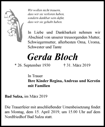 Traueranzeige von Gerda Bloch von Thüringer Allgemeine, Thüringische Landeszeitung