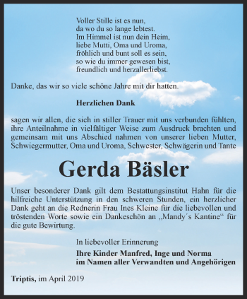 Traueranzeige von Gerda Bäsler