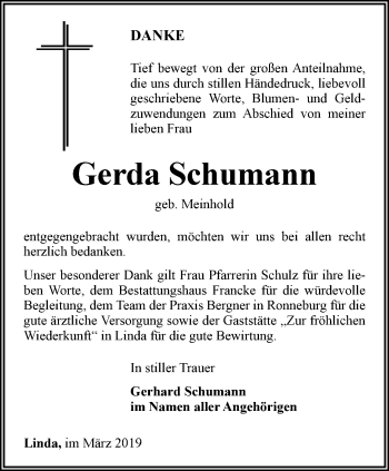 Traueranzeige von Gerda Schumann von Ostthüringer Zeitung