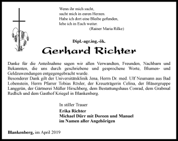 Traueranzeige von Gerhard Richter von Ostthüringer Zeitung