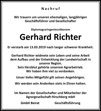 Traueranzeige von Gerhard Richter von Ostthüringer Zeitung