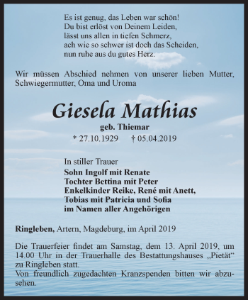 Traueranzeige von Giesela Mathias von Thüringer Allgemeine