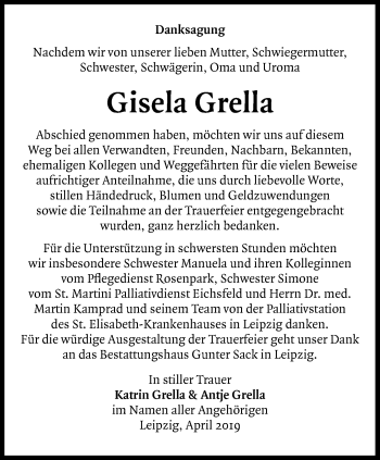 Traueranzeige von Gisela Grella von Thüringer Allgemeine