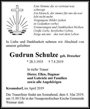 Traueranzeige von Gudrun Schulze von Thüringer Allgemeine, Thüringische Landeszeitung