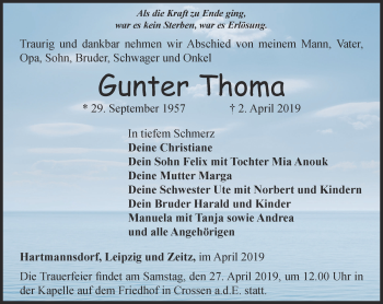 Traueranzeige von Gunter Thoma von Ostthüringer Zeitung