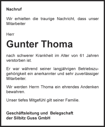 Traueranzeige von Gunter Thoma von Ostthüringer Zeitung