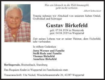 Traueranzeige von Gustav Birkefeld von Thüringer Allgemeine