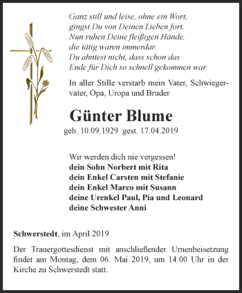 Traueranzeige von Günter Blume von Thüringer Allgemeine