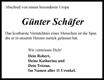 Traueranzeige von Günter Schäfer von Ostthüringer Zeitung, Thüringische Landeszeitung