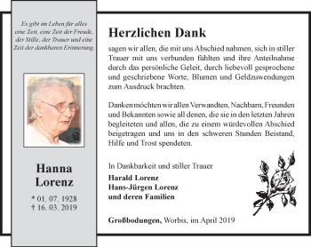 Traueranzeige von Hanna Lorenz von Thüringer Allgemeine