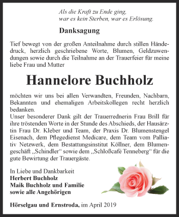 Traueranzeige von Hannelore Buchholz von Ostthüringer Zeitung, Thüringische Landeszeitung