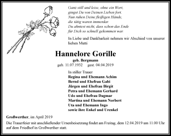 Traueranzeige von Hannelore Gorille von Thüringer Allgemeine