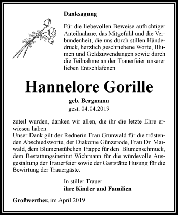 Traueranzeige von Hannelore Gorille von Thüringer Allgemeine