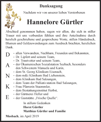 Traueranzeige von Hannelore Gürtler von Thüringer Allgemeine, Thüringische Landeszeitung