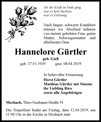 Traueranzeige von Hannelore Gürtler von Thüringer Allgemeine, Thüringische Landeszeitung