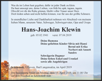 Traueranzeige von Hans-Joachim Klewin von Thüringer Allgemeine, Thüringische Landeszeitung