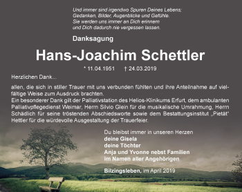 Traueranzeige von Hans-Joachim Schettler von Thüringer Allgemeine