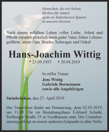 Traueranzeige von Hans-Joachim Wittig von Thüringer Allgemeine