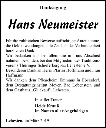 Traueranzeige von Hans Neumeister von Ostthüringer Zeitung