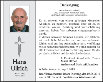 Traueranzeige von Hans Ullrich von Thüringer Allgemeine