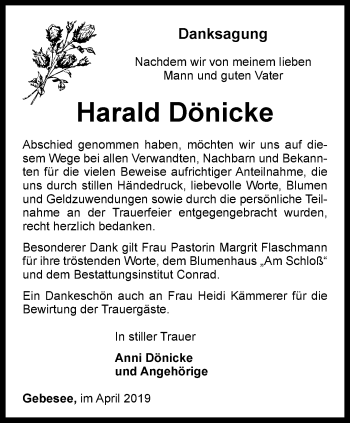 Traueranzeige von Harald Dönicke von Thüringer Allgemeine, Thüringische Landeszeitung