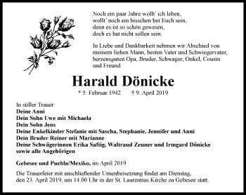 Traueranzeige von Harald Dönicke von Thüringer Allgemeine, Thüringische Landeszeitung