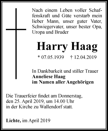 Traueranzeige von Harry Haag von Ostthüringer Zeitung