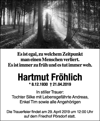 Traueranzeige von Hartmut Fröhlich von Ostthüringer Zeitung