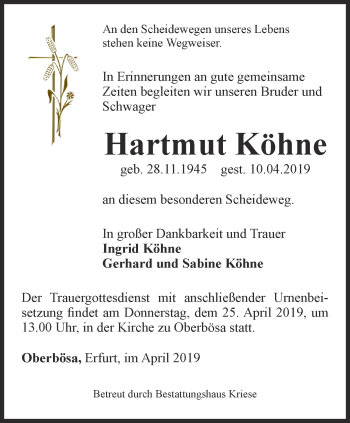 Traueranzeige von Hartmut Köhne von Thüringer Allgemeine