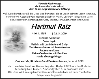 Traueranzeige von Hartmut Ratz von Thüringer Allgemeine, Thüringische Landeszeitung