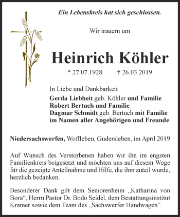 Traueranzeige von Heinrich Köhler von Thüringer Allgemeine