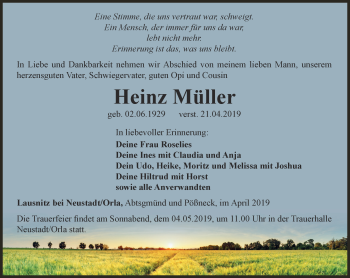 Traueranzeige von Heinz Müller von Ostthüringer Zeitung