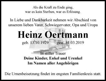 Traueranzeige von Heinz Oertmann von Ostthüringer Zeitung