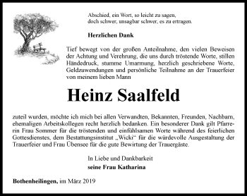 Traueranzeige von Heinz Saalfeld von Thüringer Allgemeine, Thüringische Landeszeitung