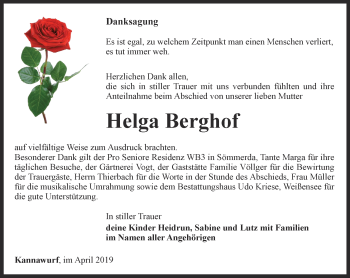 Traueranzeige von Helga Berghof von Thüringer Allgemeine