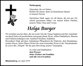 Traueranzeige von Helga Burger von Ostthüringer Zeitung