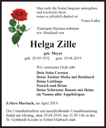 Traueranzeige von Helga Zille