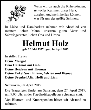 Traueranzeige von Helmut Holz von Ostthüringer Zeitung